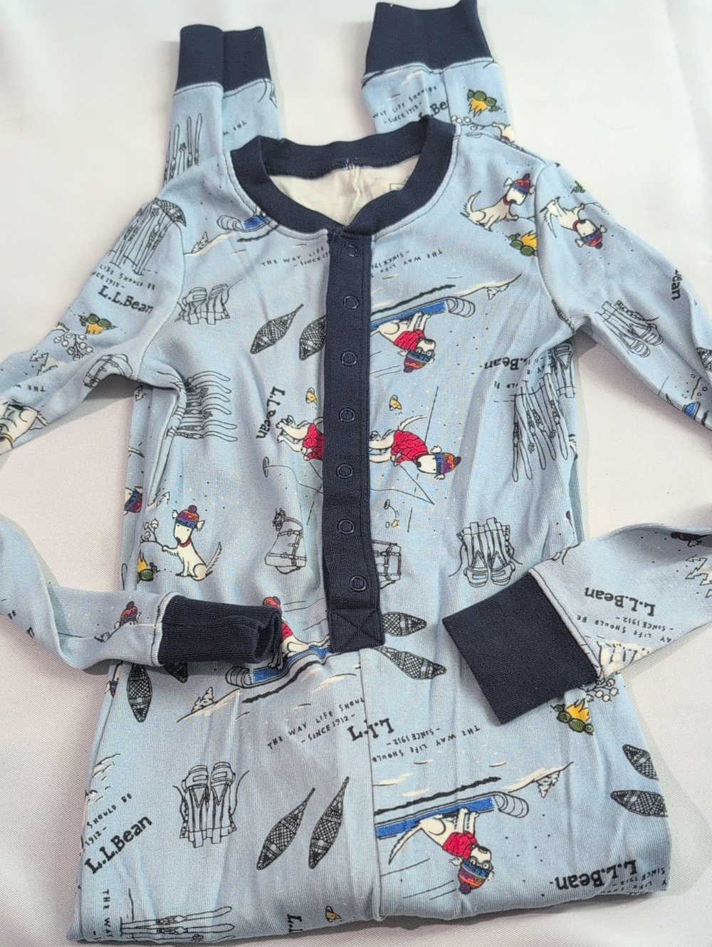 L.L. Bean Light Blue Kids One Piece Pajama Set with Navy Trim and Ski Print
